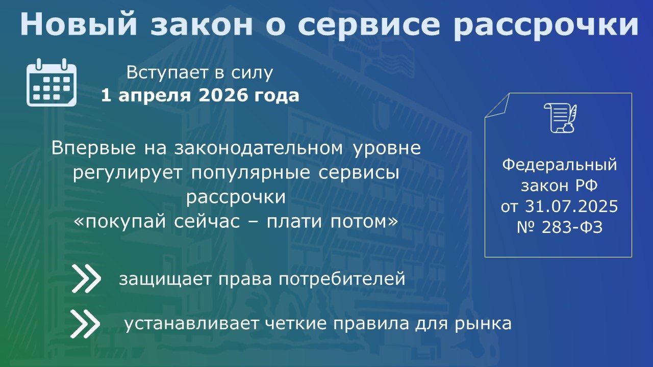 С 1 апреля 2026 года в России вступил в силу Федеральный закон «О деятельности по предоставлению сервиса рассрочки» С 1 апреля 2026 года в России вступил в силу Федеральный закон «О деятельности по предоставлению сервиса рассрочки»