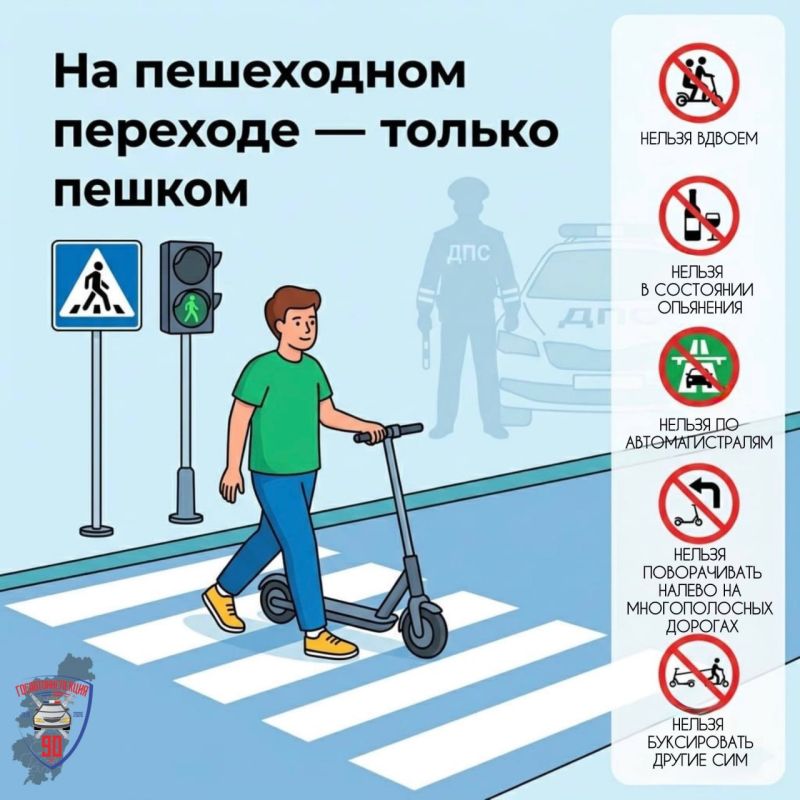 Внимание, пользователи средств индивидуальной мобильности Госавтоинспекция напоминает: на пешеходном переходе — только пешком!