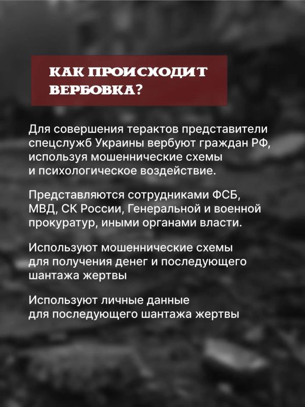 Украинские спецслужбы активизировали попытки вербовки граждан РФ для совершения терактов и диверсий Украинские спецслужбы активизировали попытки вербовки граждан РФ для совершения терактов и диверсий