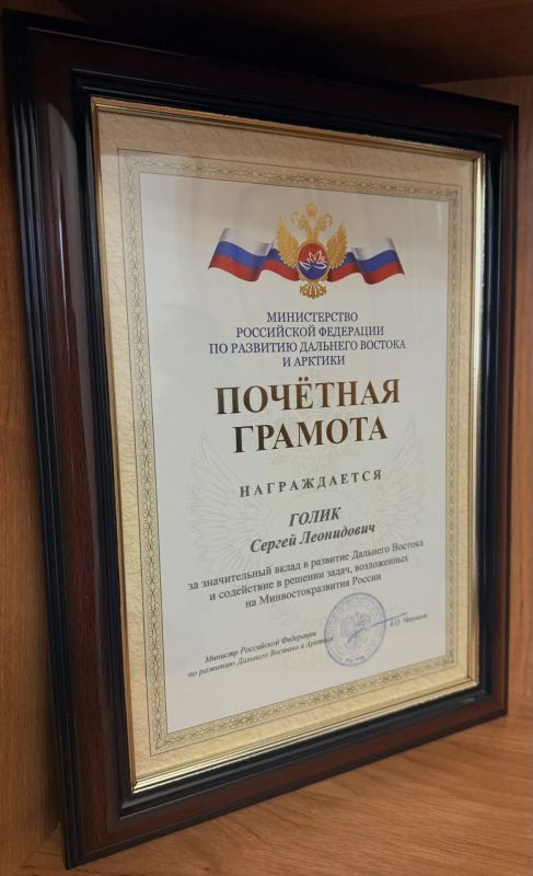 Губернатор Хабаровского края Дмитрий Демешин вручил Почетную грамоту Минвостокразвития России заместителю мэра города — директору финансового департамента Сергею Голику Губернатор Хабаровского края Дмитрий Демешин вручил Почетную грамоту Минвостокразвития России заместителю мэра города — директору финансового департамента Сергею Голику